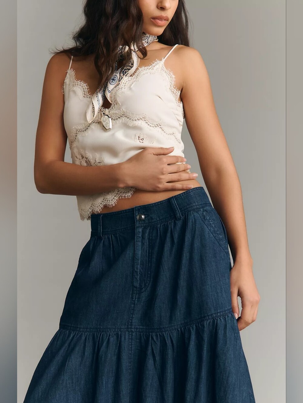 Pilcro 100% Cotton Dark Indigo Tiered Denim Maxi Skirt Size M - Picture 4 of 14